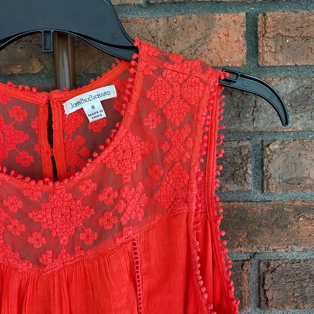 John Paul Richard red yoke lace flowy mini dress size Small - Picture 2 of 5